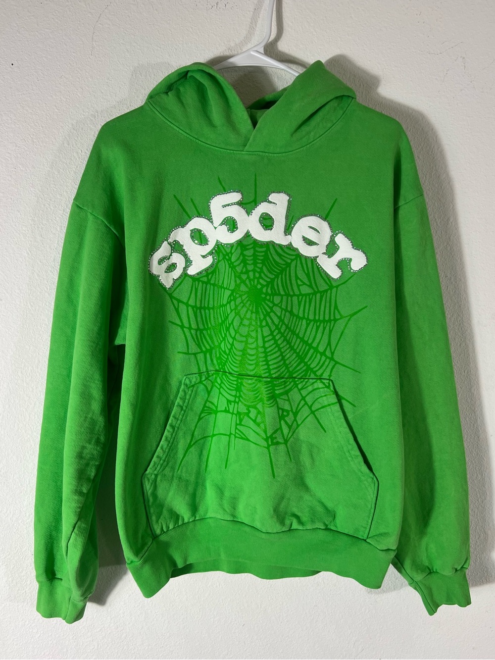 Sp5der Worldwide Green Rhinestone Logo Hoodie Spiderweb